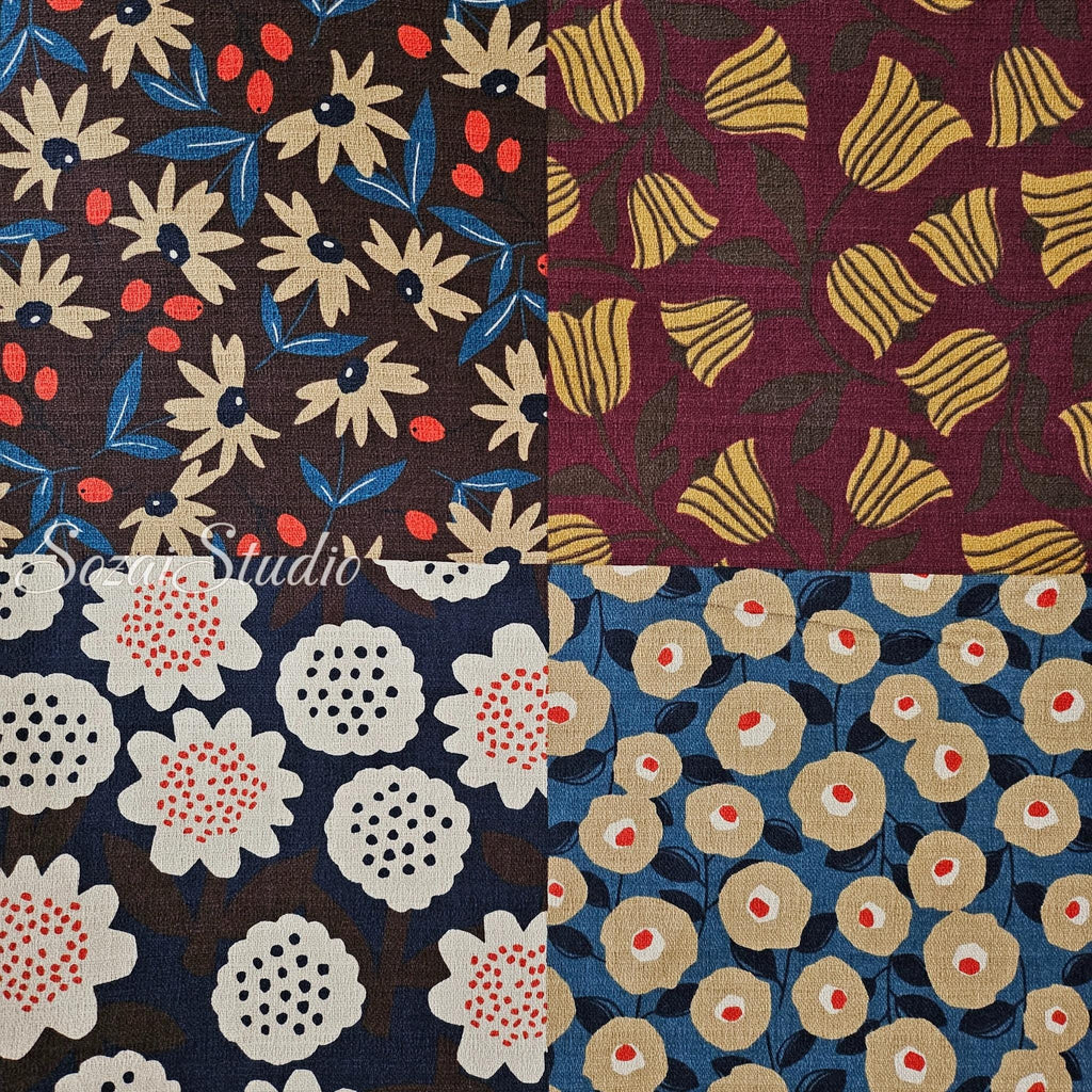 Japanese Nordic Floral Cotton Dobby Fabric, Retro Print - Brown
