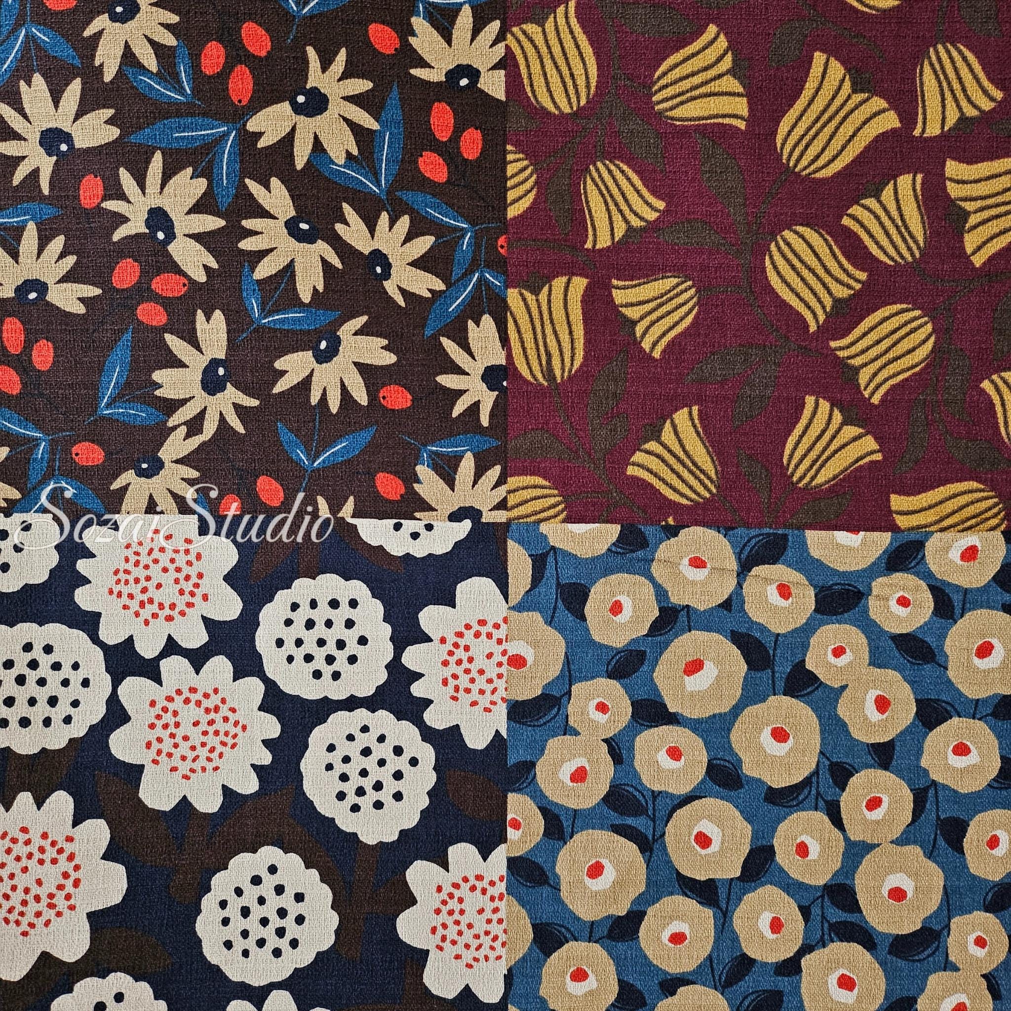 Japanese Nordic Floral Cotton Dobby Fabric, Retro Print - Brown