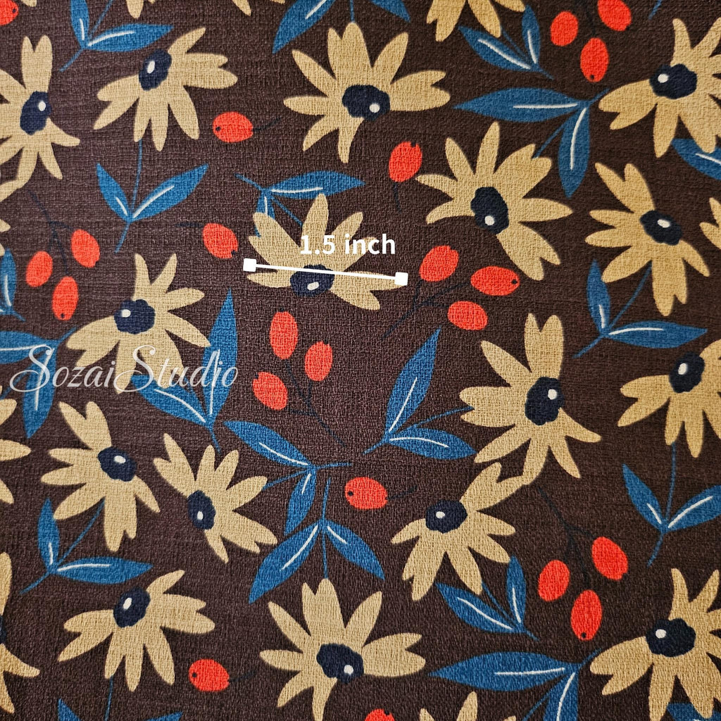 Japanese Nordic Floral Cotton Dobby Fabric, Retro Print - Brown