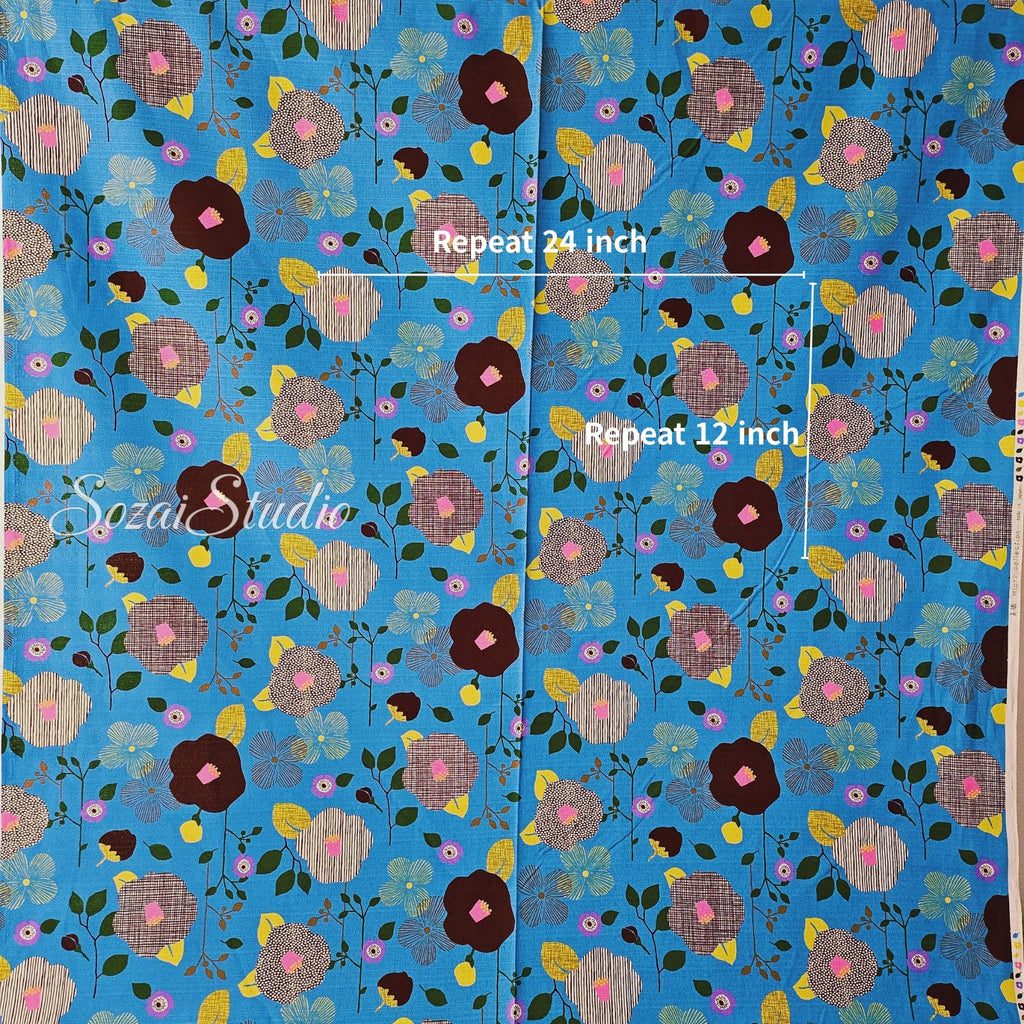 1 Yard Japan imported, Dobby Cotton 100% - Camellia and Poppy flowers, Sky Blue