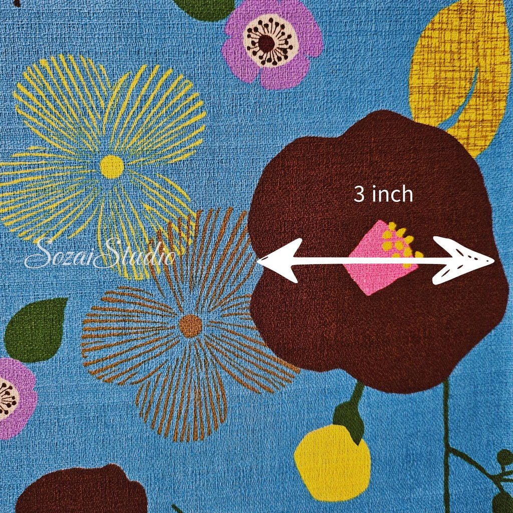 1 Yard Japan imported, Dobby Cotton 100% - Camellia and Poppy flowers, Sky Blue