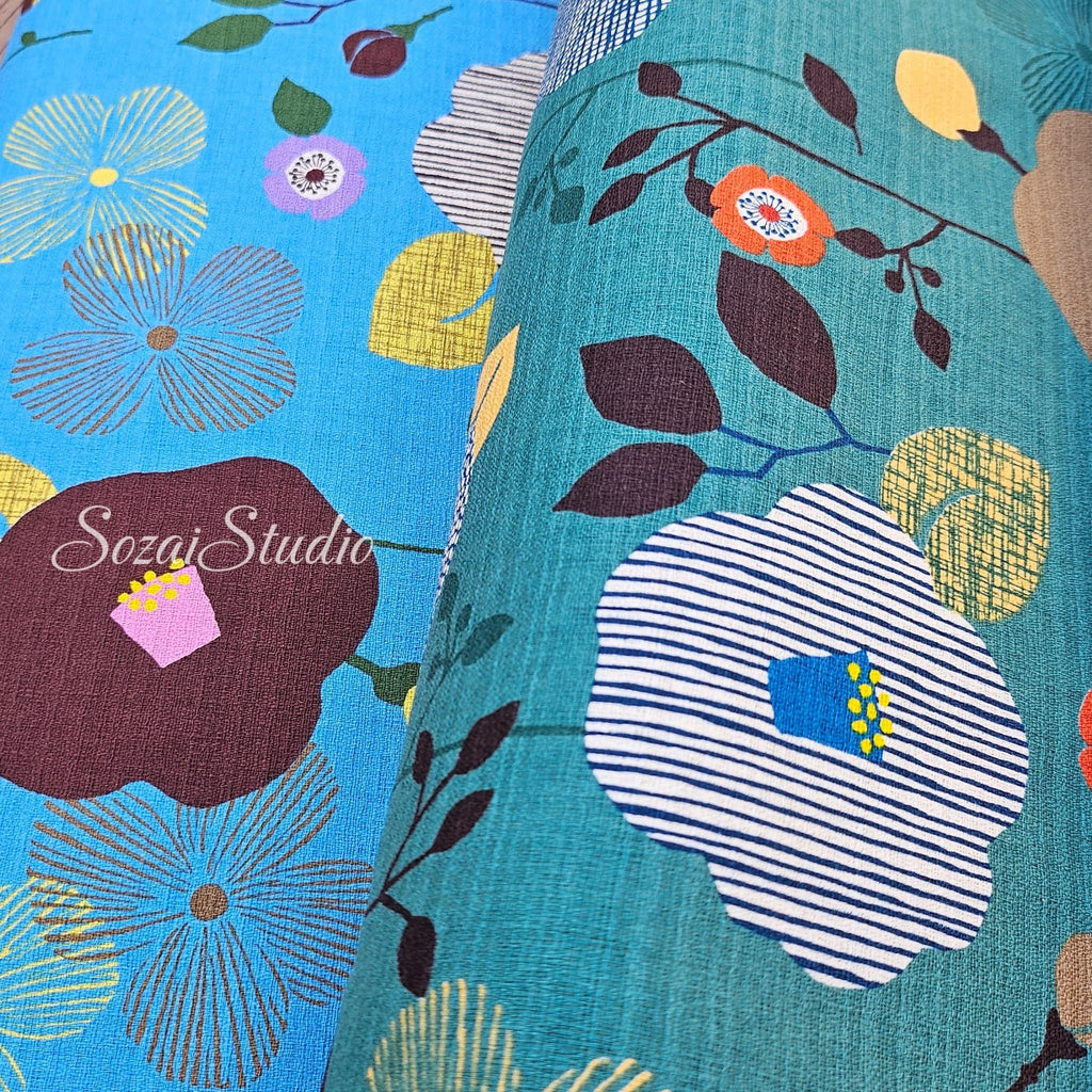 1 Yard Japan imported, Dobby Cotton 100% - Camellia and Poppy flowers, Sky Blue