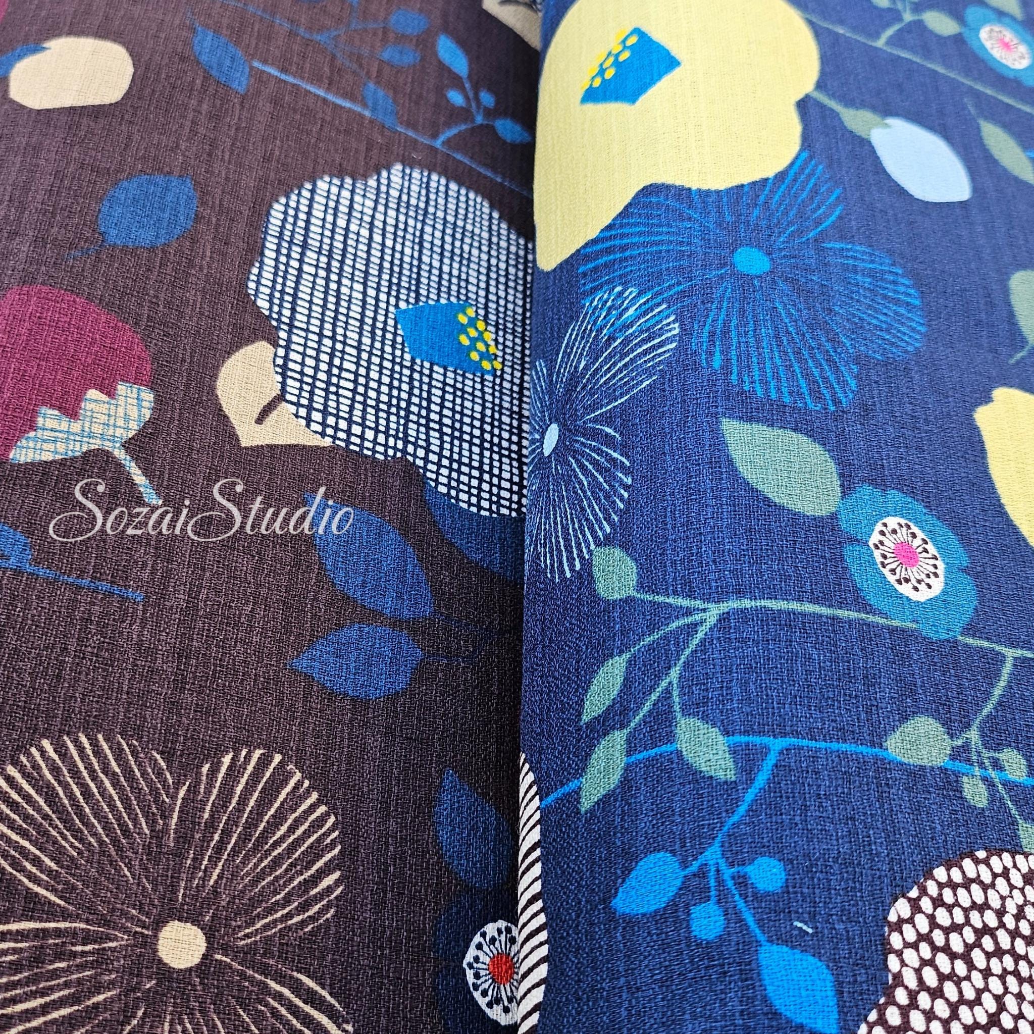 1 Yard Japan imported, Dobby Cotton 100% - Camellia and Poppy flowers, Brown