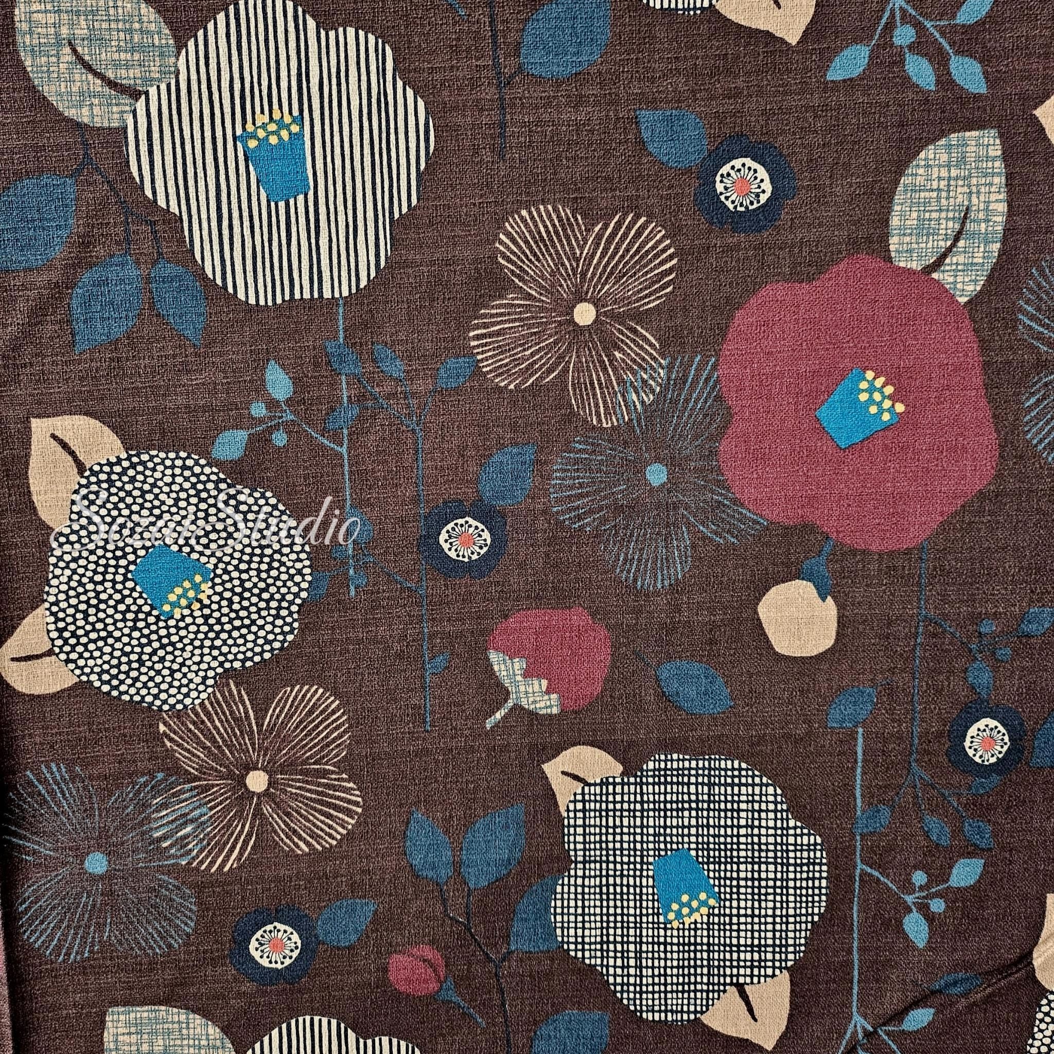 1 Yard Japan imported, Dobby Cotton 100% - Camellia and Poppy flowers, Brown