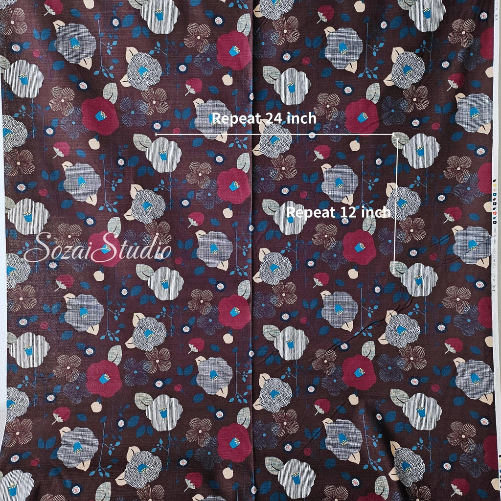 1 Yard Japan imported, Dobby Cotton 100% - Camellia and Poppy flowers, Brown