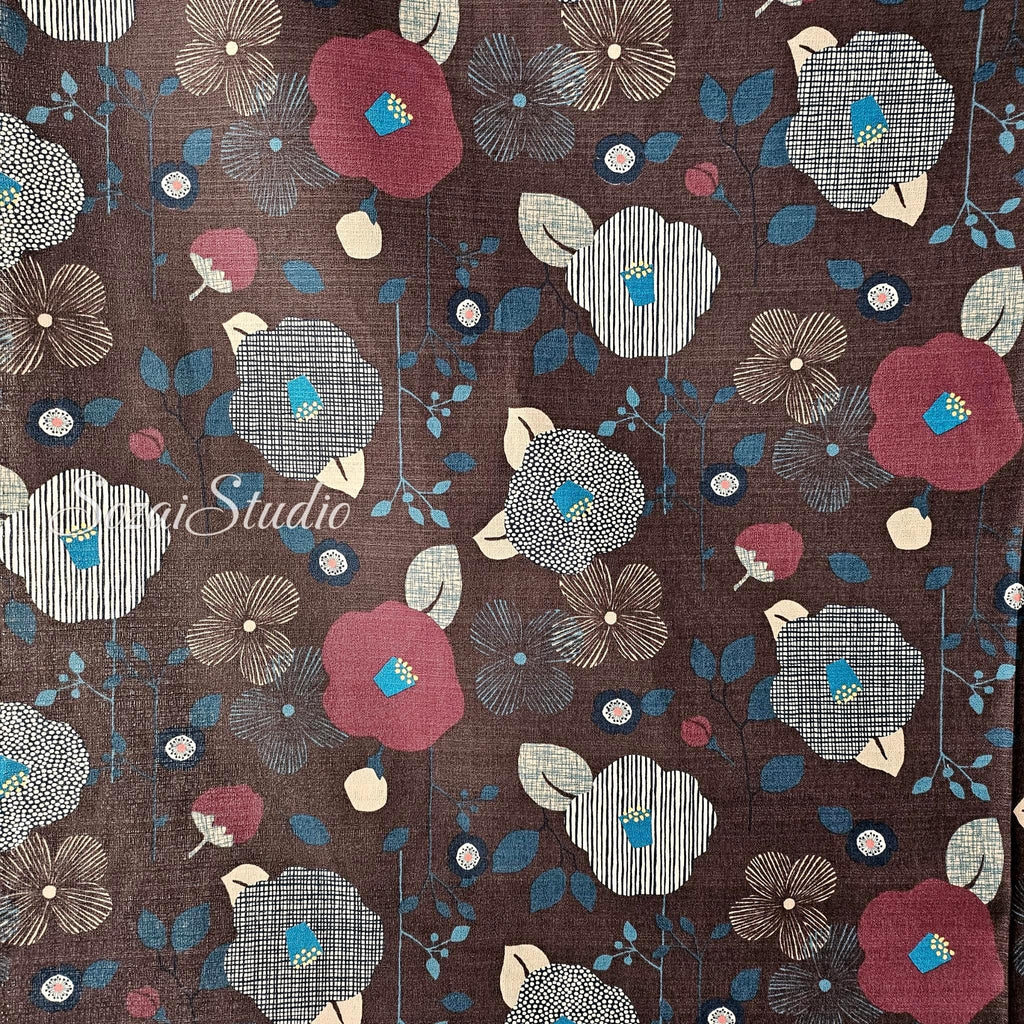 1 Yard Japan imported, Dobby Cotton 100% - Camellia and Poppy flowers, Brown