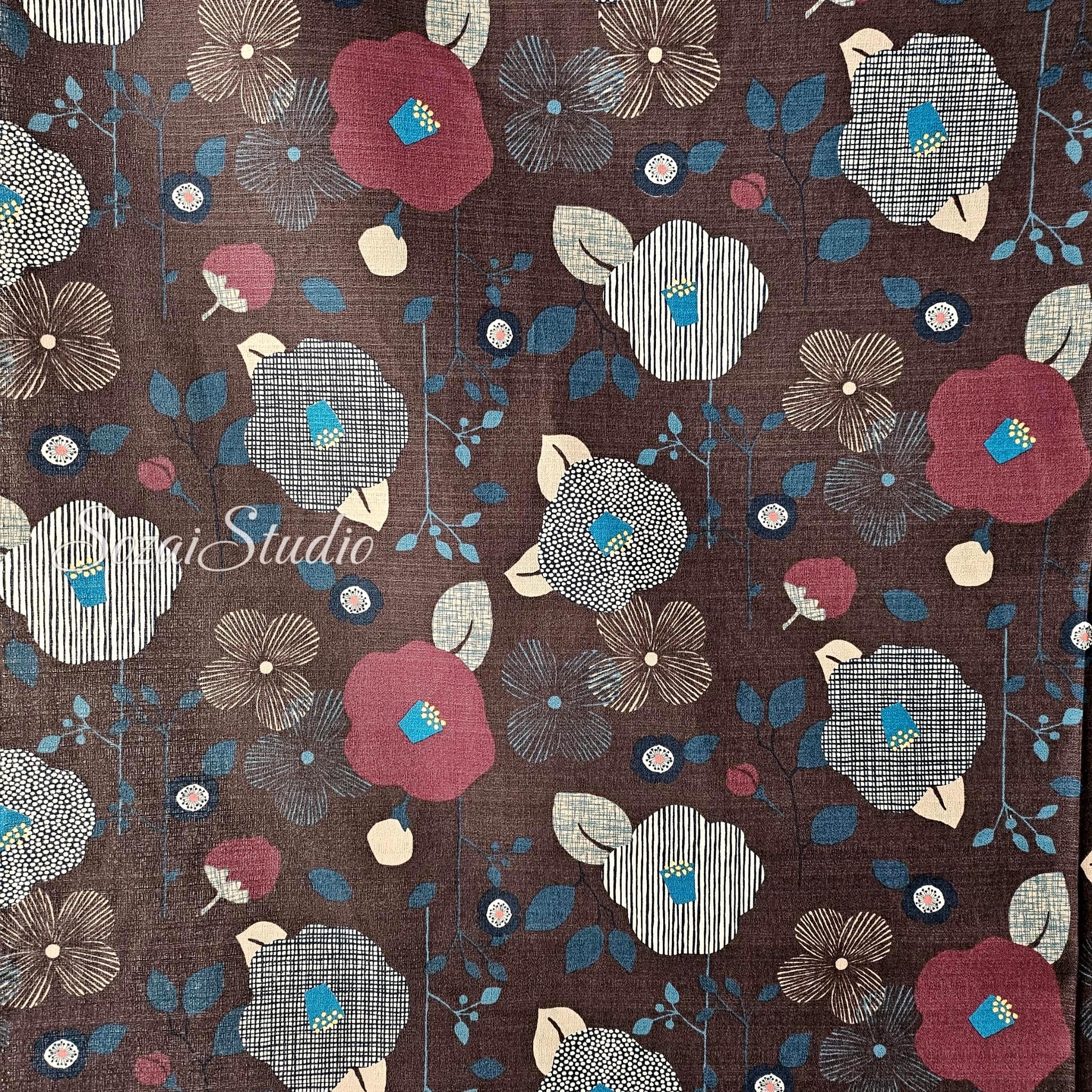 1 Yard Japan imported, Dobby Cotton 100% - Camellia and Poppy flowers, Brown