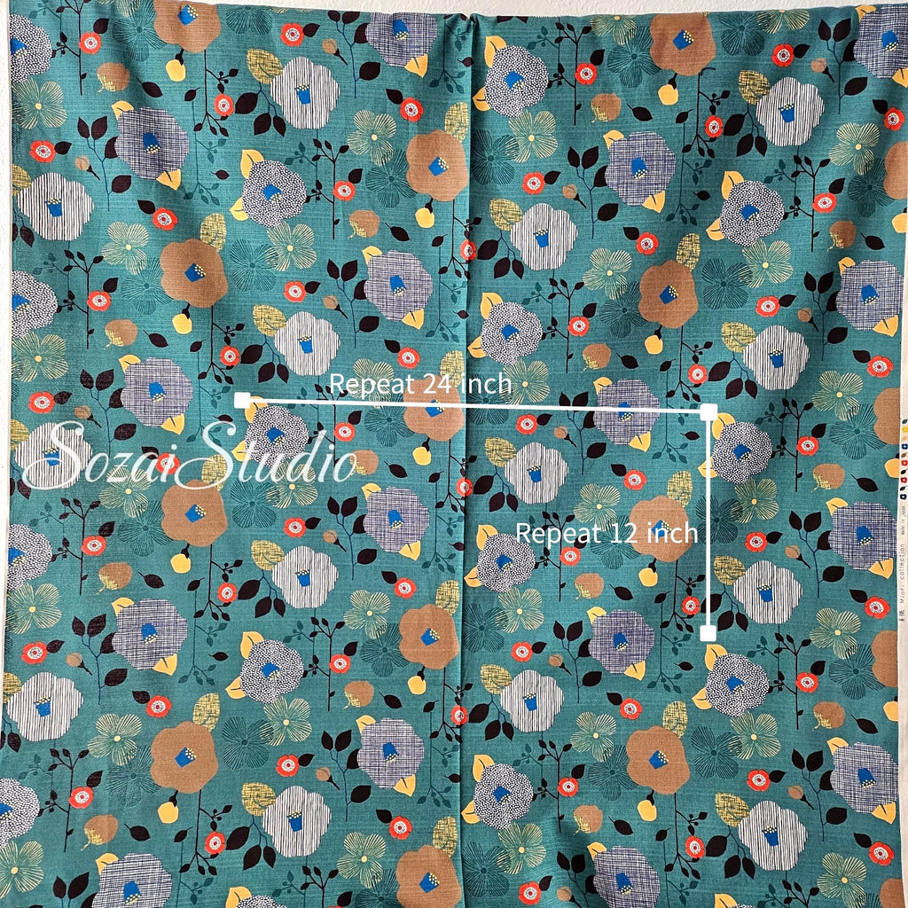 1 Yard Japan imported, Dobby Cotton 100% - Camellia and Poppy flowers, Green