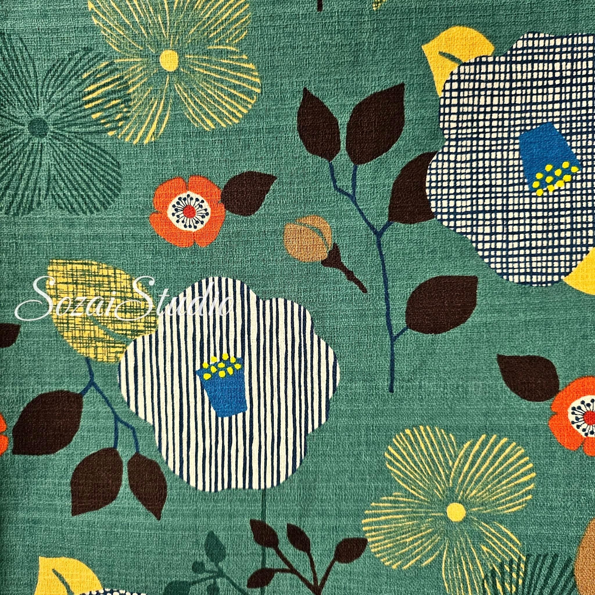 1 Yard Japan imported, Dobby Cotton 100% - Camellia and Poppy flowers, Green