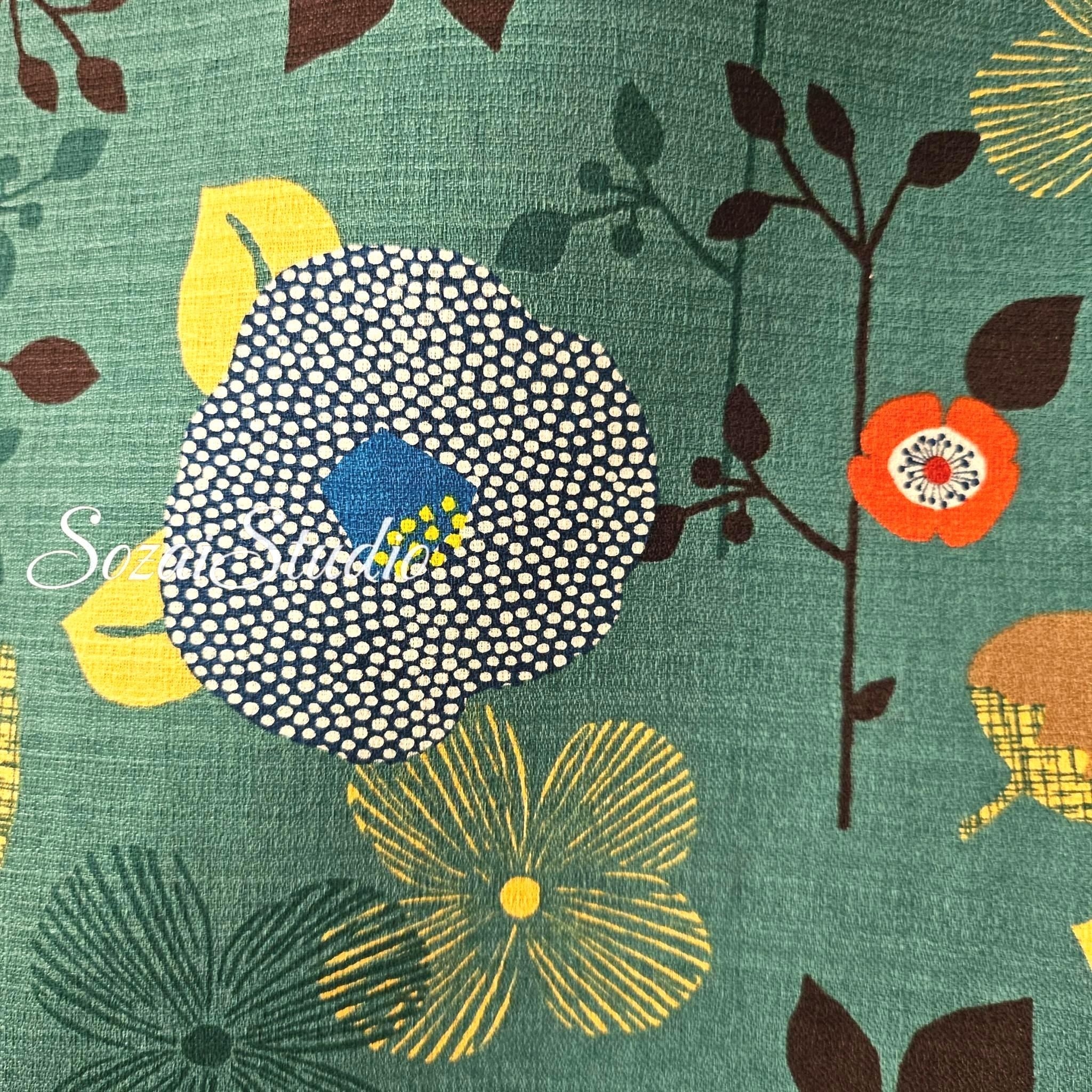 1 Yard Japan imported, Dobby Cotton 100% - Camellia and Poppy flowers, Green