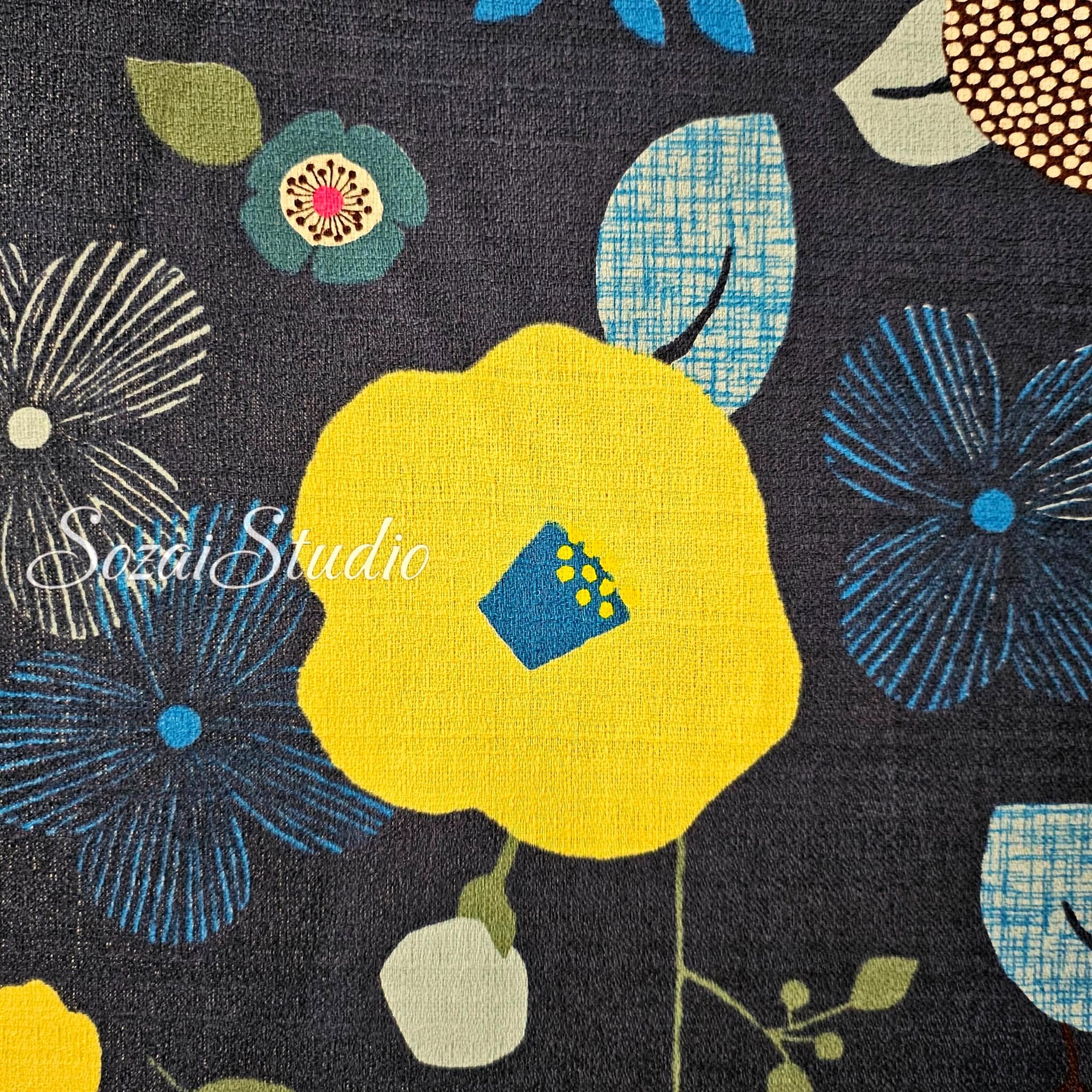 1 Yard Japan imported, Dobby Cotton 100% - Camellia and Poppy flowers, Navy