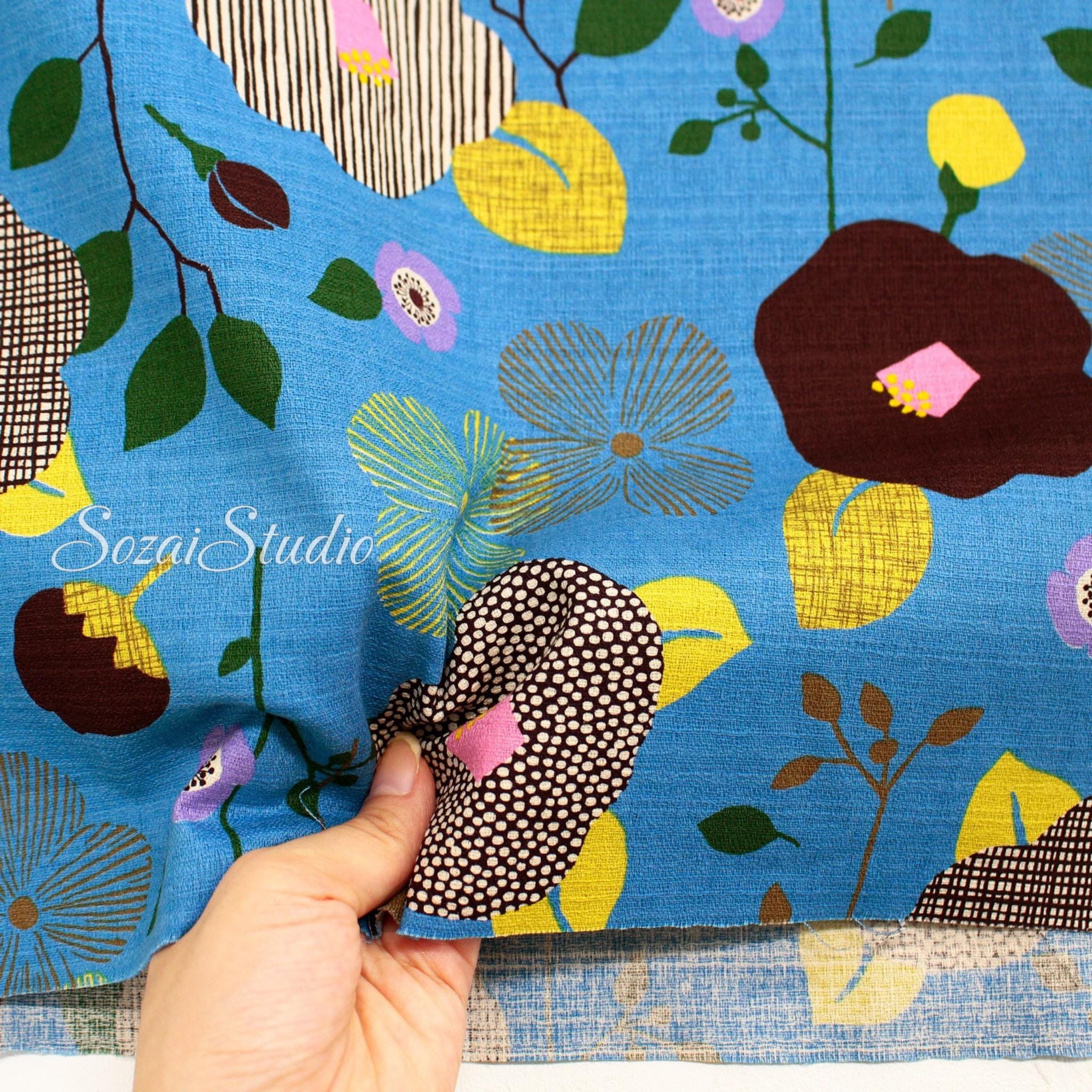 1 Yard Japan imported, Dobby Cotton 100% - Camellia and Poppy flowers, Sky Blue