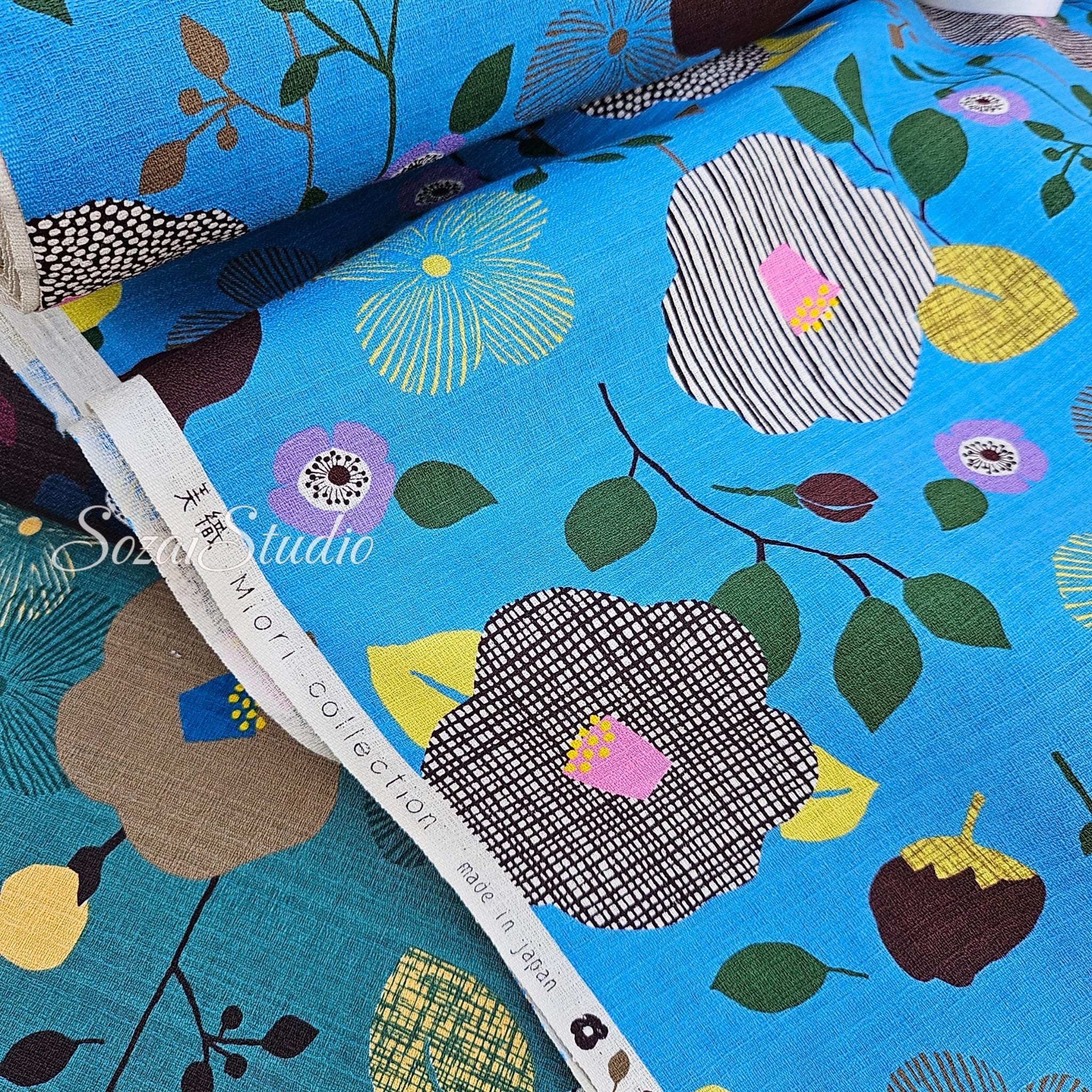 1 Yard Japan imported, Dobby Cotton 100% - Camellia and Poppy flowers, Sky Blue