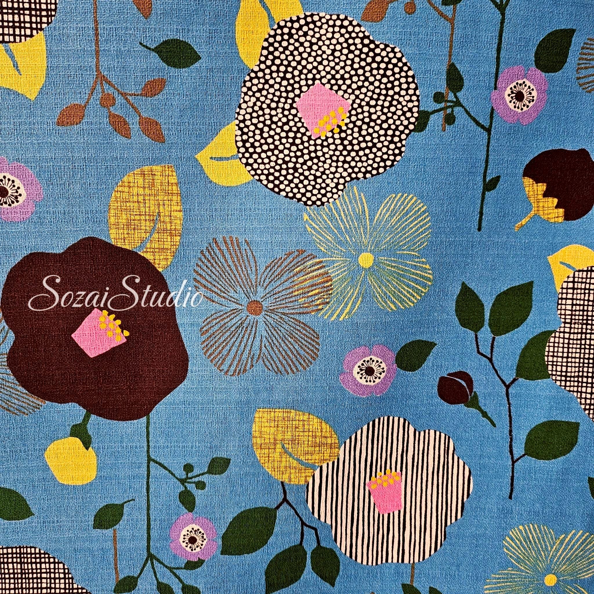 1 Yard Japan imported, Dobby Cotton 100% - Camellia and Poppy flowers, Sky Blue