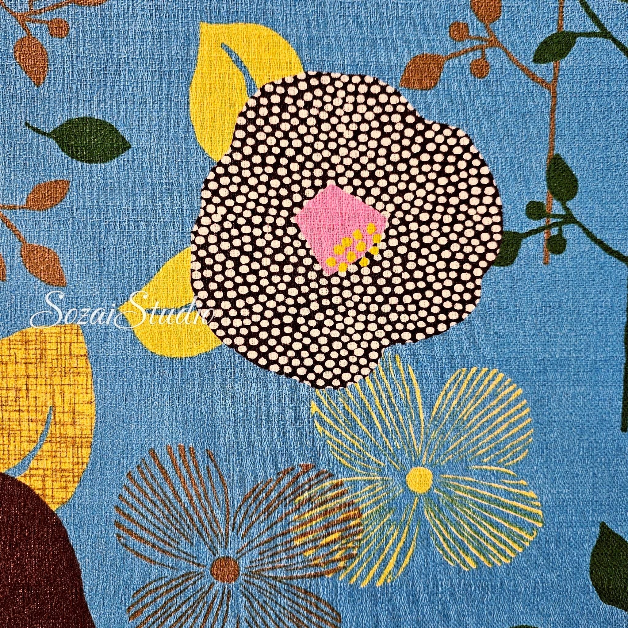 1 Yard Japan imported, Dobby Cotton 100% - Camellia and Poppy flowers, Sky Blue