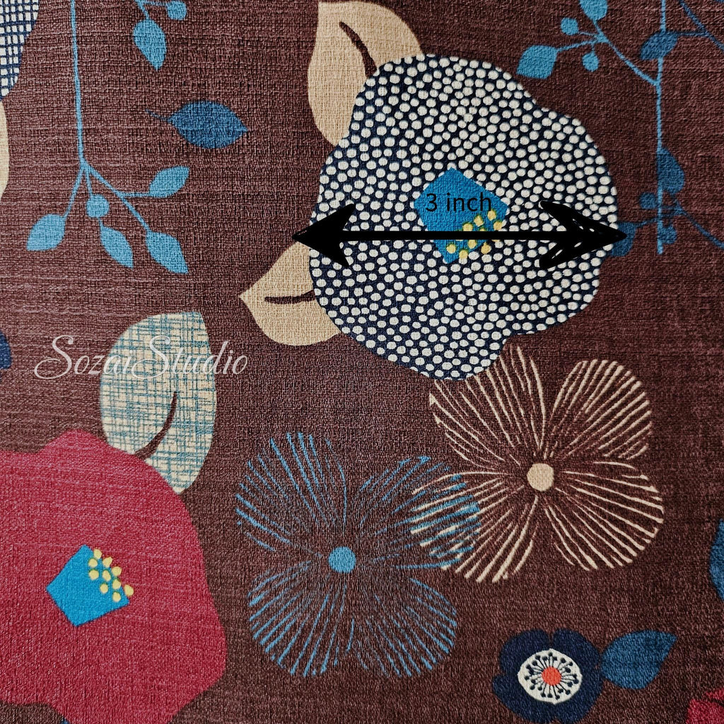 1 Yard Japan imported, Dobby Cotton 100% - Camellia and Poppy flowers, Brown