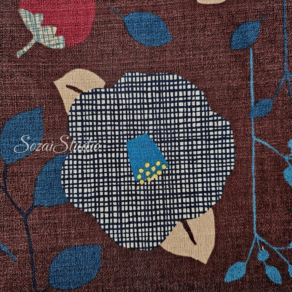 1 Yard Japan imported, Dobby Cotton 100% - Camellia and Poppy flowers, Brown