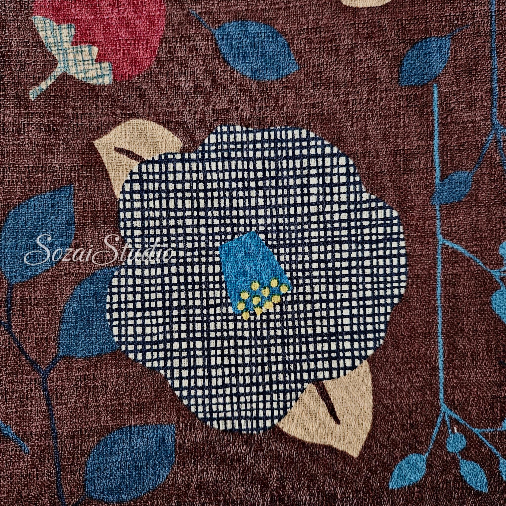 1 Yard Japan imported, Dobby Cotton 100% - Camellia and Poppy flowers, Brown