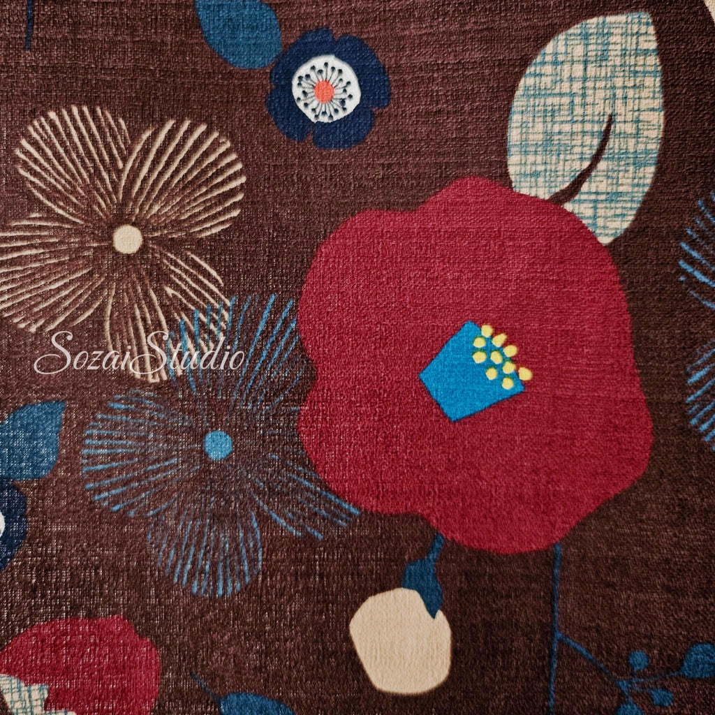 1 Yard Japan imported, Dobby Cotton 100% - Camellia and Poppy flowers, Brown