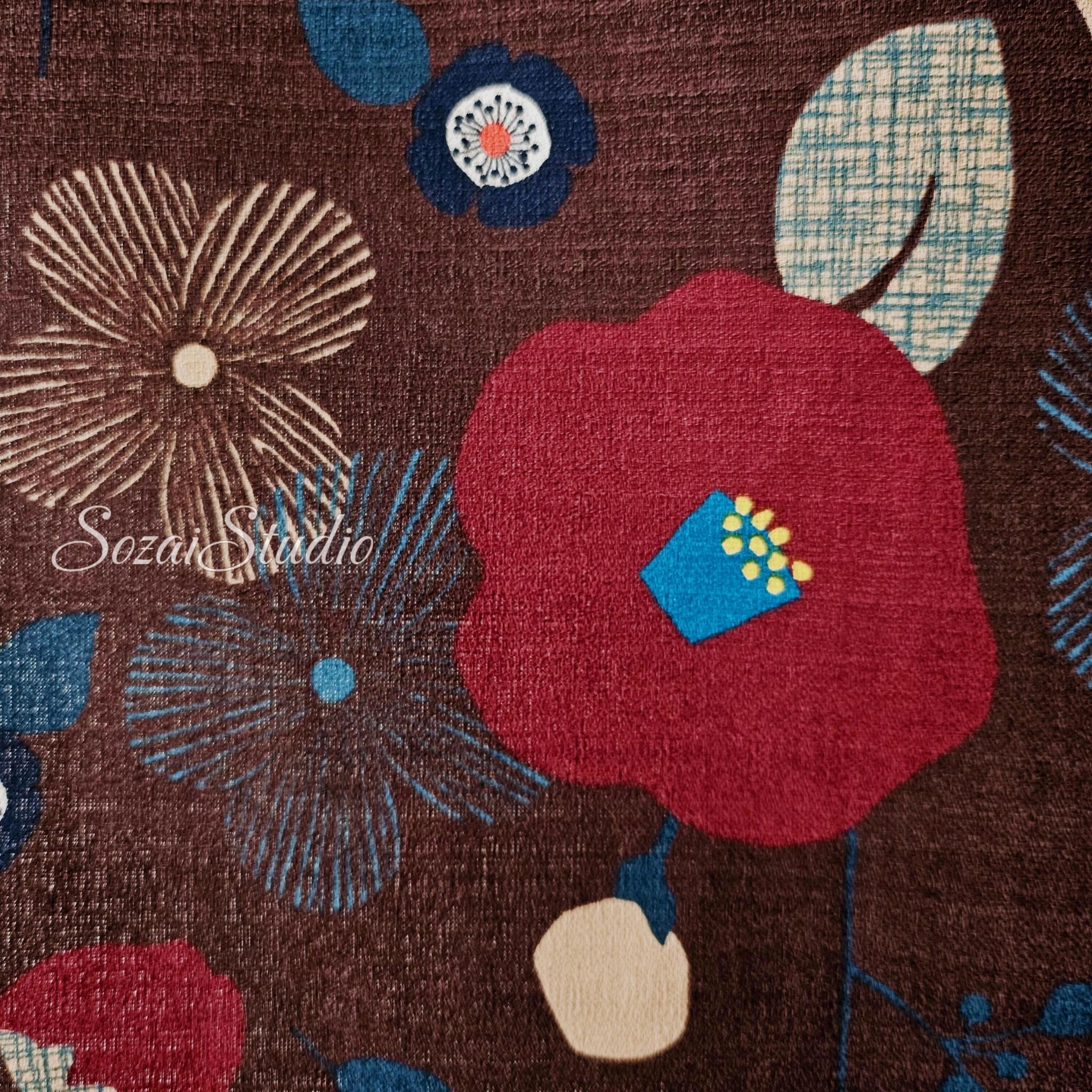 1 Yard Japan imported, Dobby Cotton 100% - Camellia and Poppy flowers, Brown