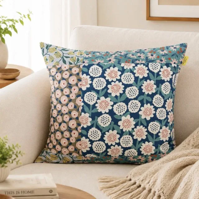 Soft Blossom Floral Patchwork pillow cover in teal and blush