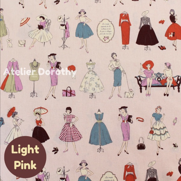 Light pink cotton printed with retro fashion illustrations