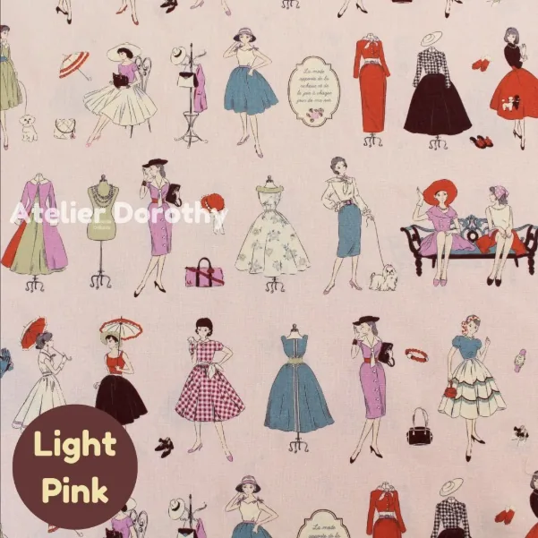 Light pink cotton printed with retro fashion illustrations