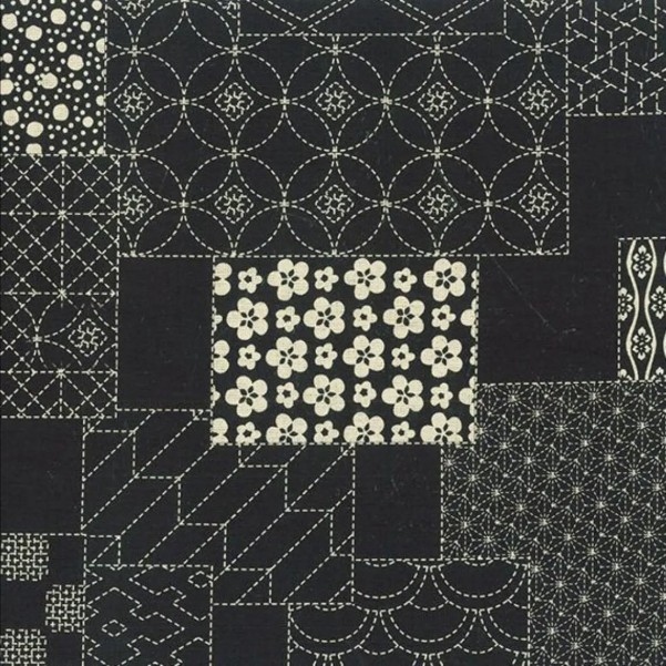 Black cotton printed with white sashiko-style stitch patterns