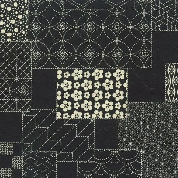 Black cotton printed with white sashiko-style stitch patterns
