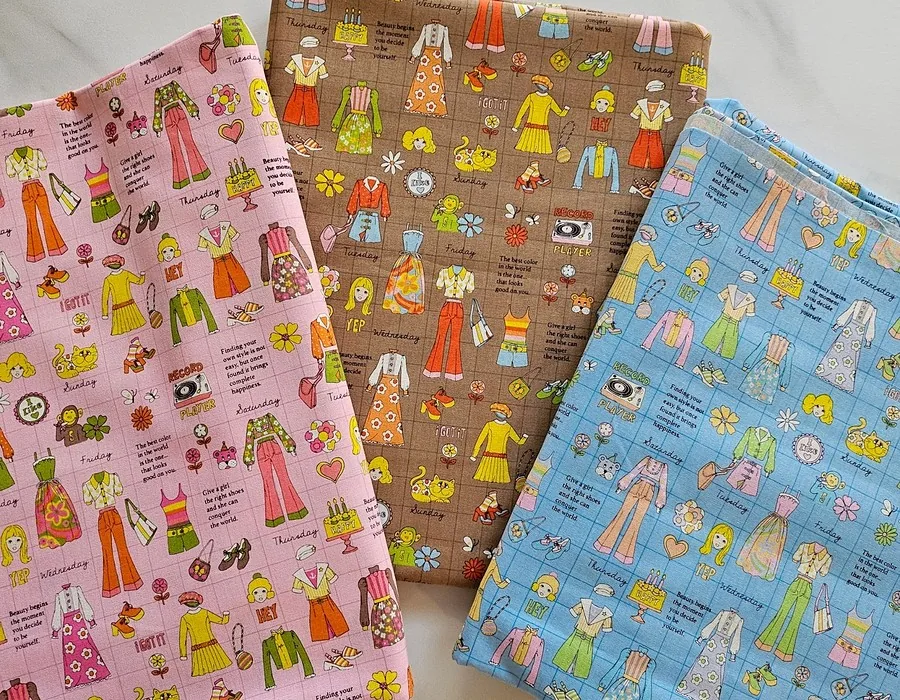 Coco Seki retro fashion print cottons in pink, cocoa brown and sky blue